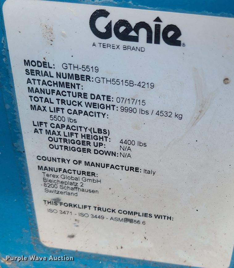 image for item JW9795 2015 Genie GTH-5519  telehandler