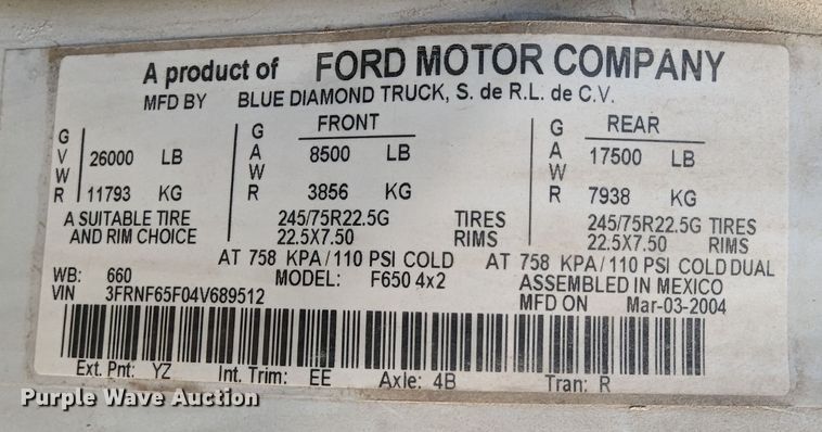 image for item LK9464 2004 Ford F650 Super Duty  utility / service truck