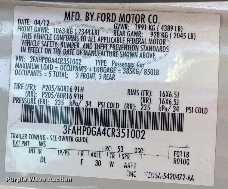 image for item DJ6144 2012 Ford Fusion 