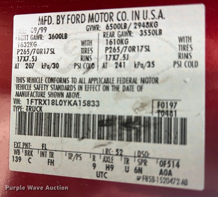 image for item DS2705 2000 Ford F150  SuperCab pickup truck