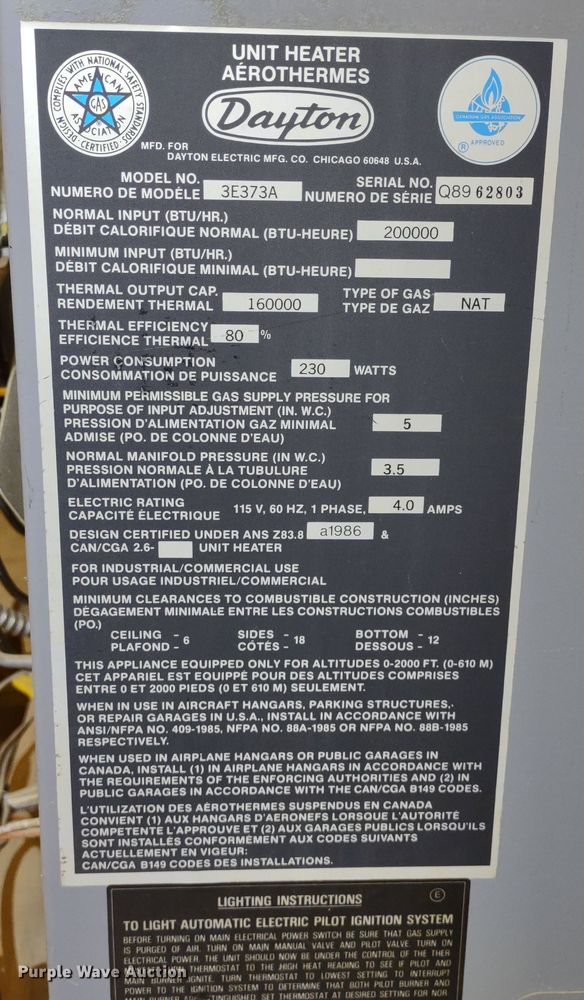 image for item JK9196 Dayton 3E373A  overhead heater