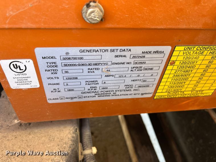 image for item LP9809 2003 Generac 2000 Series  generator