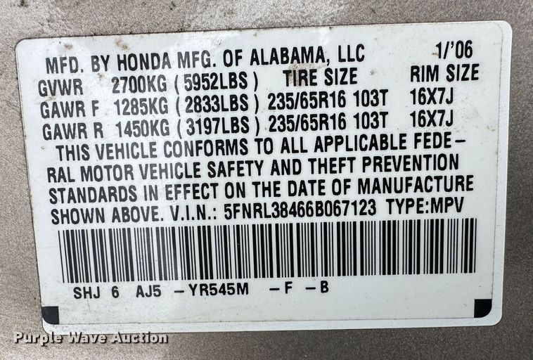 image for item LT9348 2006 Honda Odyssey EX  van