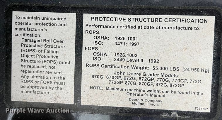 image for item MW9455 2009 John Deere 670G  motor grader