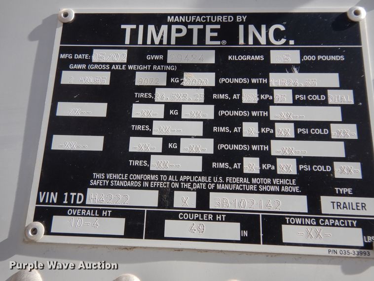 image for item DK7521 2003 Timpte Hopper  grain trailer