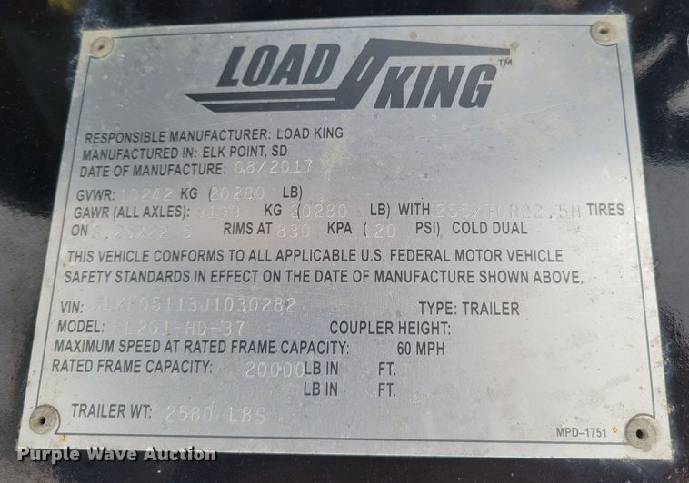 image for item DM8184 2018 Load King 503/554 SSSF  lowboy equipment trailer