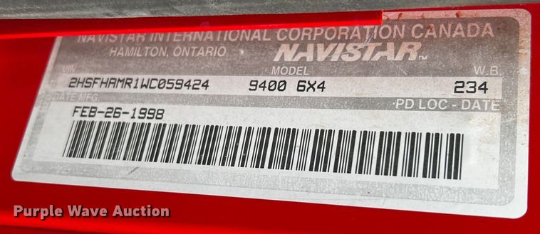 image for item DQ1962 1998 International 9400  truck cab and chassis