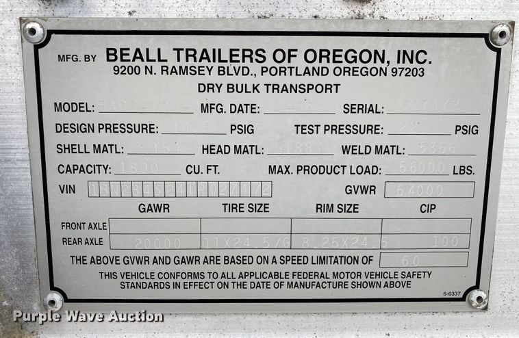 image for item JW9210 1996 Beall Trailers of Oregon BAPS-180-4  pneumatic dry bulk trailer
