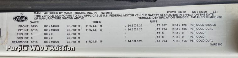 image for item JW9212 2016 Mack CHU613  semi truck