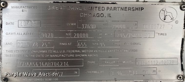 image for item JW9213 2010 Great Dane CLR-1112-12028  refrigerated van trailer