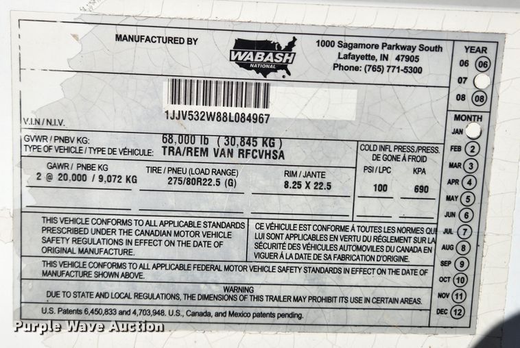 image for item KT9418 2008 Wabash RFCVHSA  refrigerated van trailer