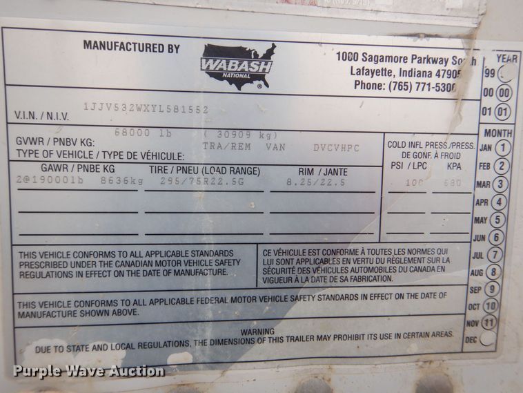 image for item MJ9986 2000 Wabash  dry van trailer