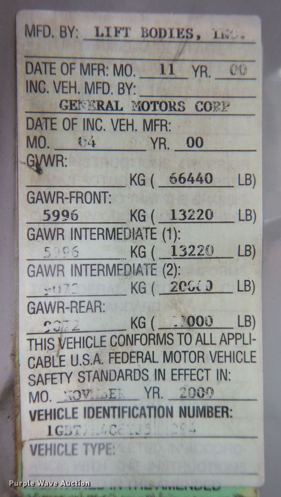 image for item MJ9992 2000 Chevrolet C8500  crane truck