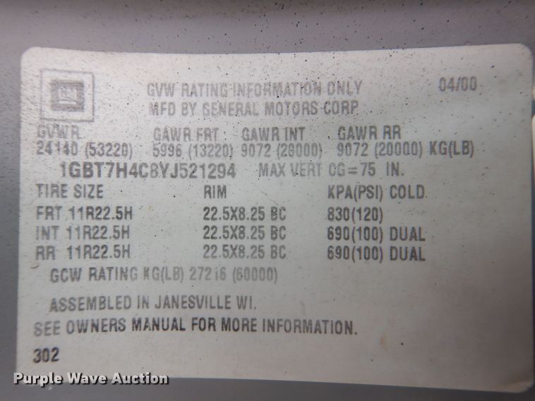 image for item MJ9992 2000 Chevrolet C8500  crane truck