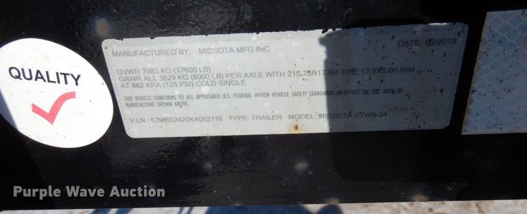 image for item AF9250 2019 Midsota STWB-24  equipment trailer