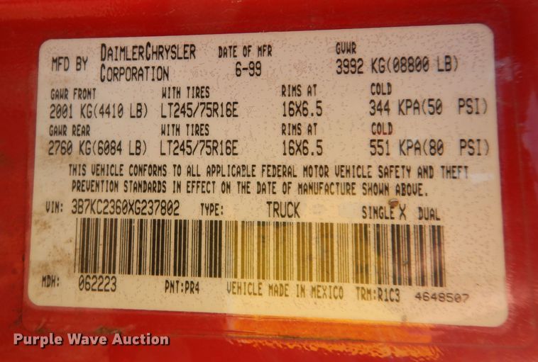 image for item DK7527 1999 Dodge Ram 2500  Quad Cab pickup truck