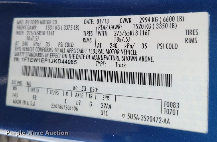 image for item DM8185 2018 Ford F150 XLT  SuperCrew pickup truck