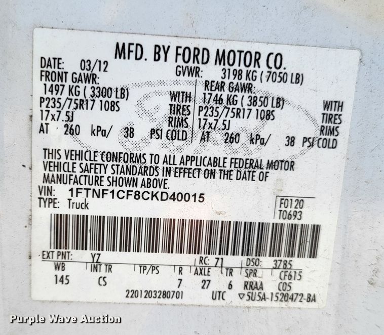 image for item DO3544 2012 Ford F150 XL  pickup truck