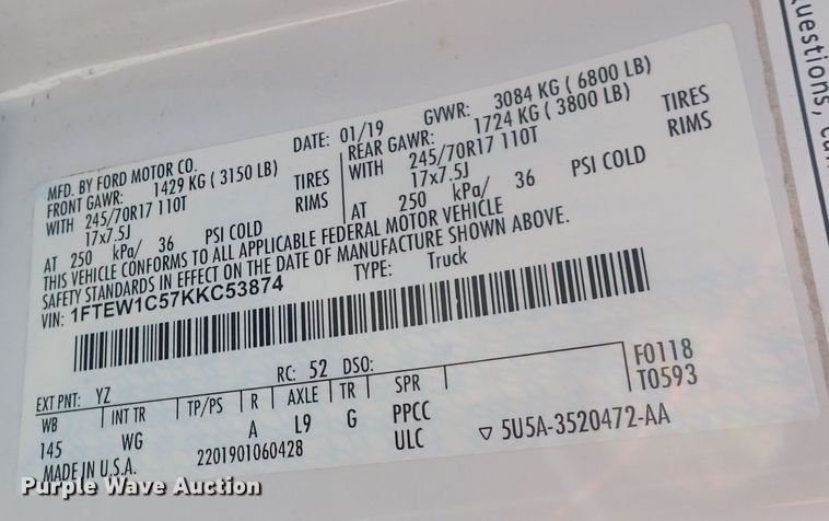 image for item DQ5080 2019 Ford F150 XL  SuperCrew pickup truck