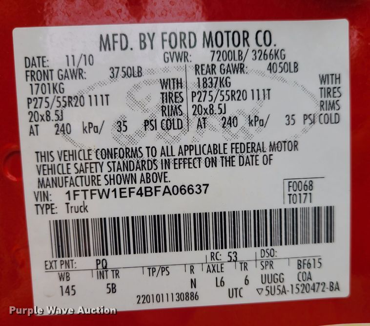 image for item JG9476 2011 Ford F150  SuperCrew pickup truck