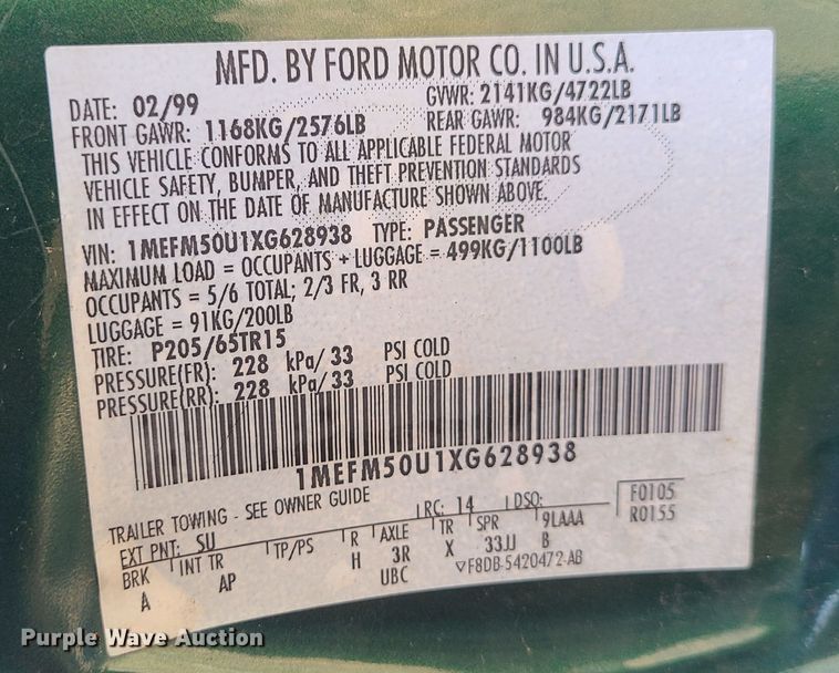 image for item JG9500 1999 Mercury Sable GS