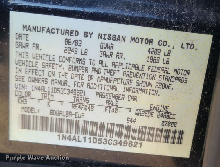 image for item JG9507 2003 Nissan Altima 2.5S