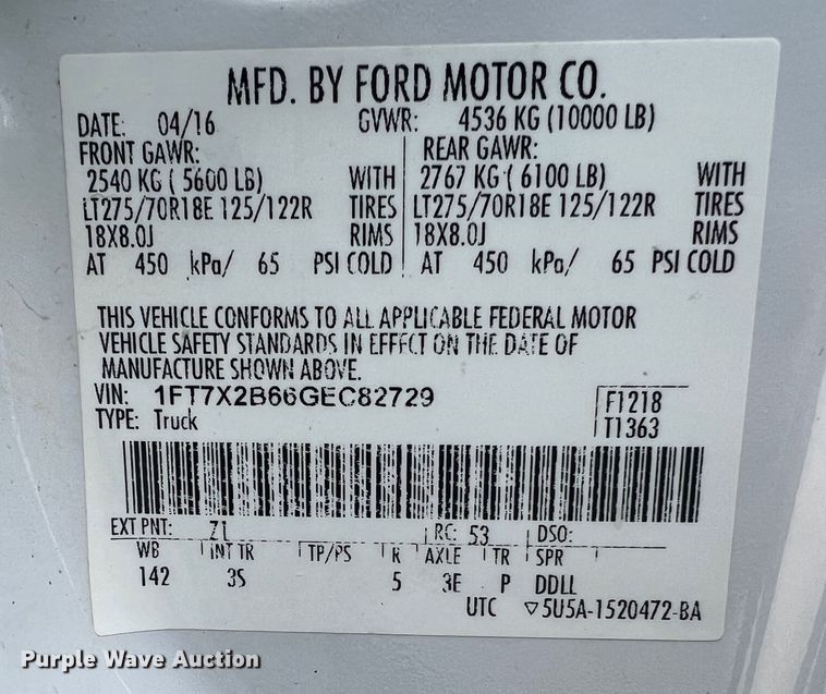 image for item JU9665 2016 Ford F250 Super Duty XLT  SuperCab pickup truck