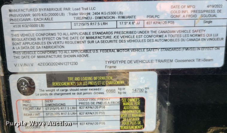 image for item JW9713 2022 Load Trail  tilt deck equipment trailer