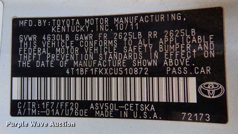 image for item KU9725 2012 Toyota Camry SE