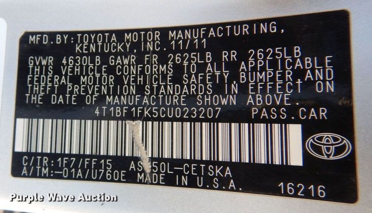 image for item KU9726 2012 Toyota Camry SE