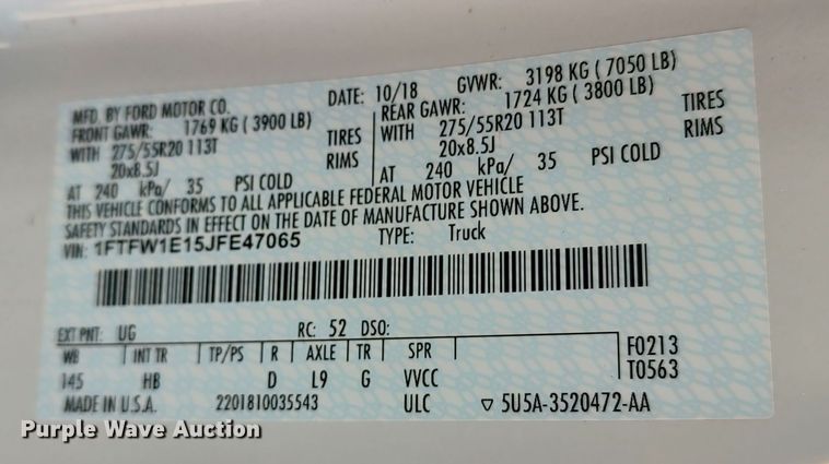 image for item LA9315 2018 Ford F150 Lariat SuperCrew pickup truck