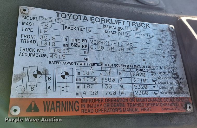 image for item LF9537 Toyota 7FGU32  forklift