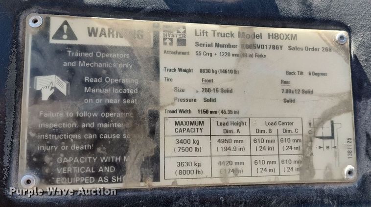 image for item LF9542 Hyster H80XM  forklift