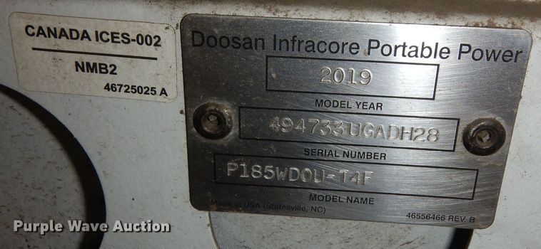 image for item LP9540 2019 Doosan P185WDOU-T4F  air compressor