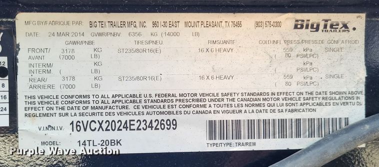 image for item LR9155 2014 Big Tex 14TL-20BK  tilt deck equipment trailer