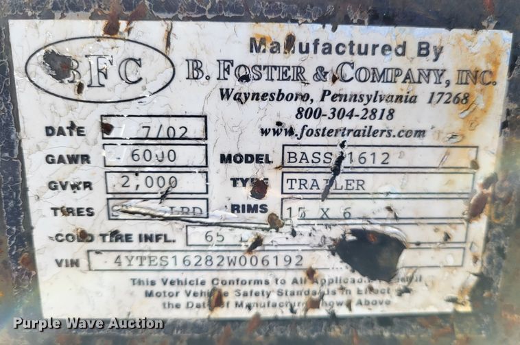 image for item LR9164 2002 Foster Bass 1612  equipment trailer