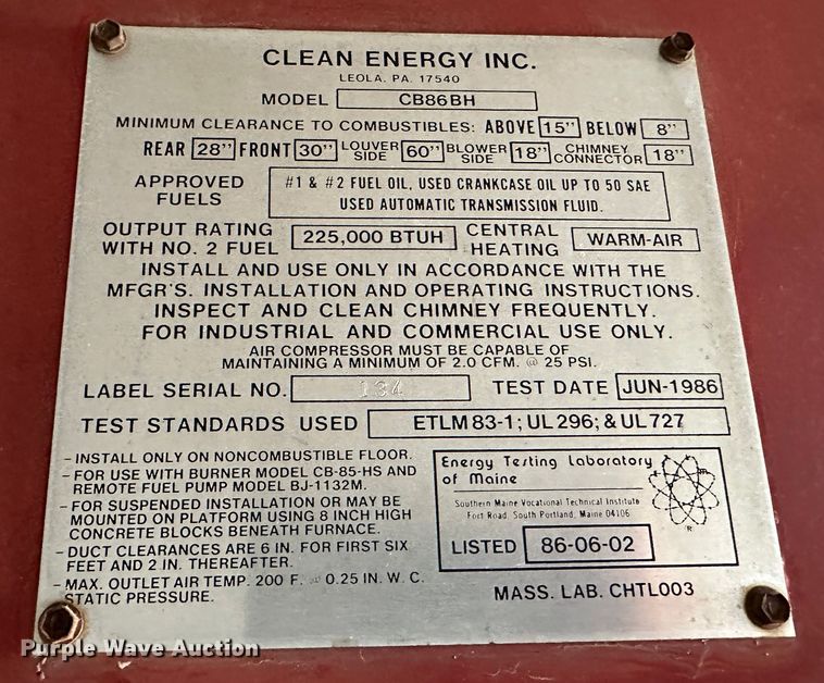 image for item LT9382 1986 Clean Energy CB86BH  oil burner