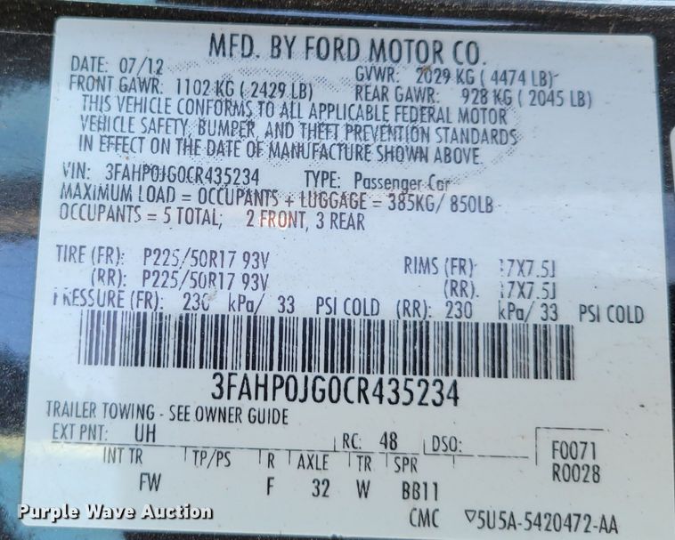 image for item LY9990 2012 Ford Fusion SEL