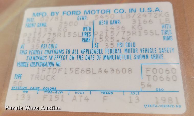 image for item LY9992 1981 Ford F150  pickup truck