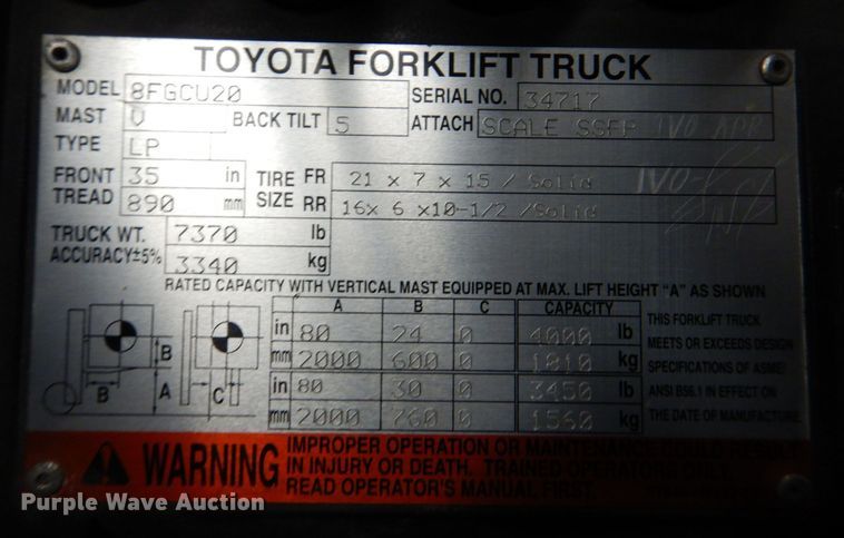 image for item MC9787 Toyota 8FGCU20  forklift