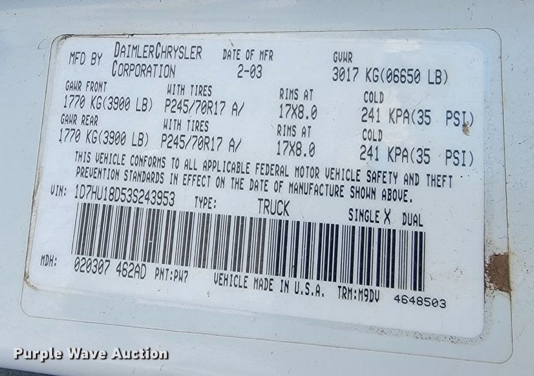 image for item ME9695 2003 Dodge Ram 1500 SLT  Quad Cab pickup truck