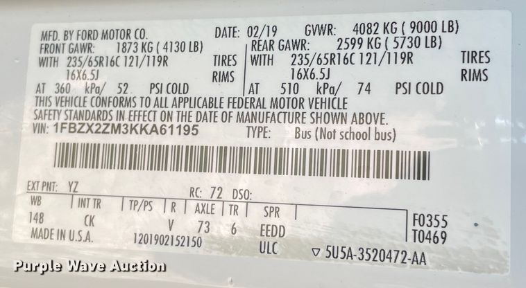 image for item MI9772 2019 Ford Transit 350 XLT  van