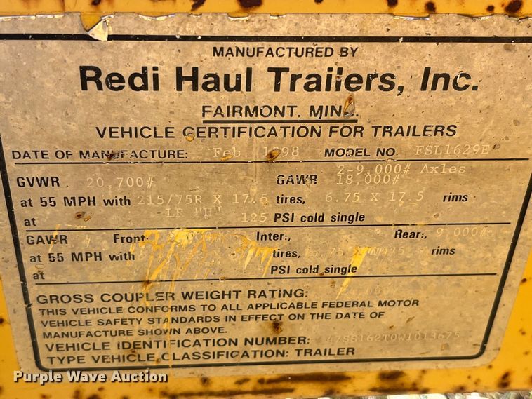 image for item MW9471 1998 Redi Haul FSL1629E  equipment trailer