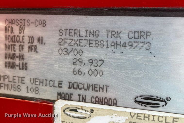 image for item DJ6134 2001 Sterling L9500  dump truck