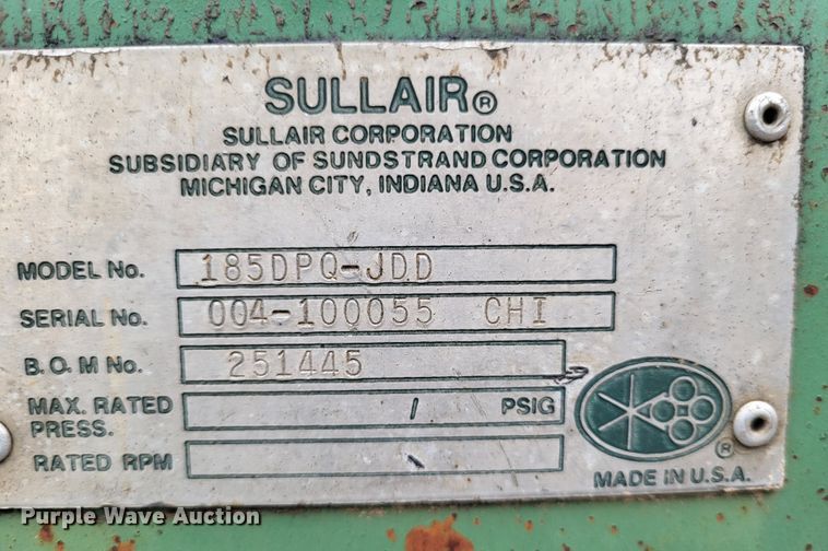 image for item DO3553 Sullair 185DPQ-JDD  air compressor