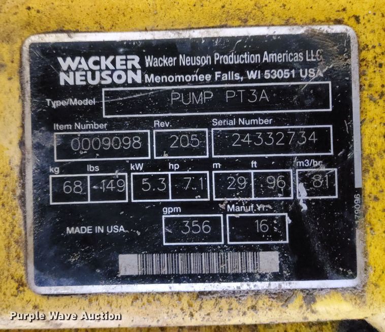 image for item HQ9582 Wacker Neuson PT3A  pump