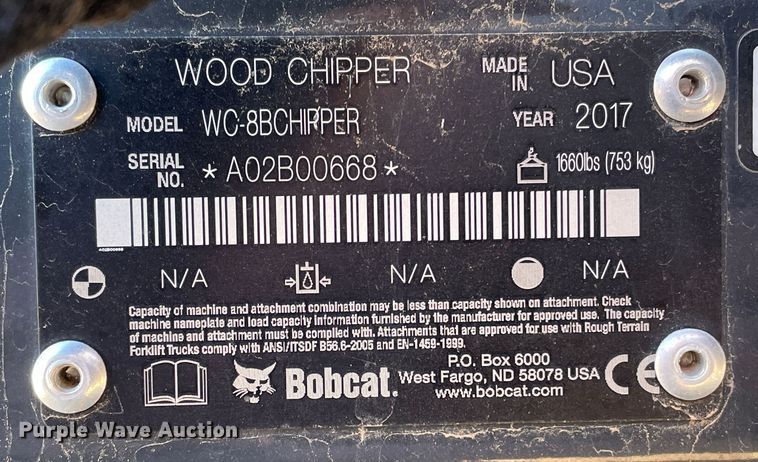 image for item KM9939 2017 Bobcat WC-8B  skid steer wood chipper