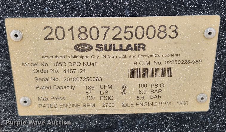 image for item KT9401 2018 Sullair 185  air compressor