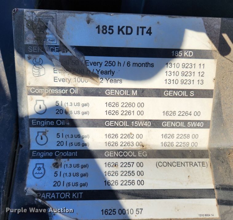 image for item KT9429 2014 Copco CPS185 KDIT4  air compressor