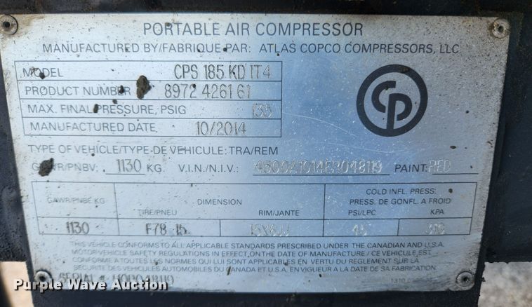 image for item KT9429 2014 Copco CPS185 KDIT4  air compressor